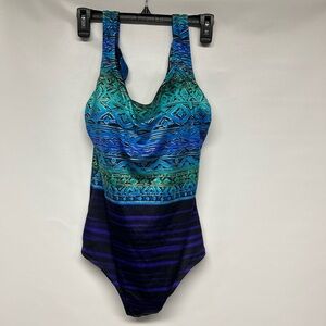 Elegant Blue and Green Patterned Women's One-Piece Swimsuit